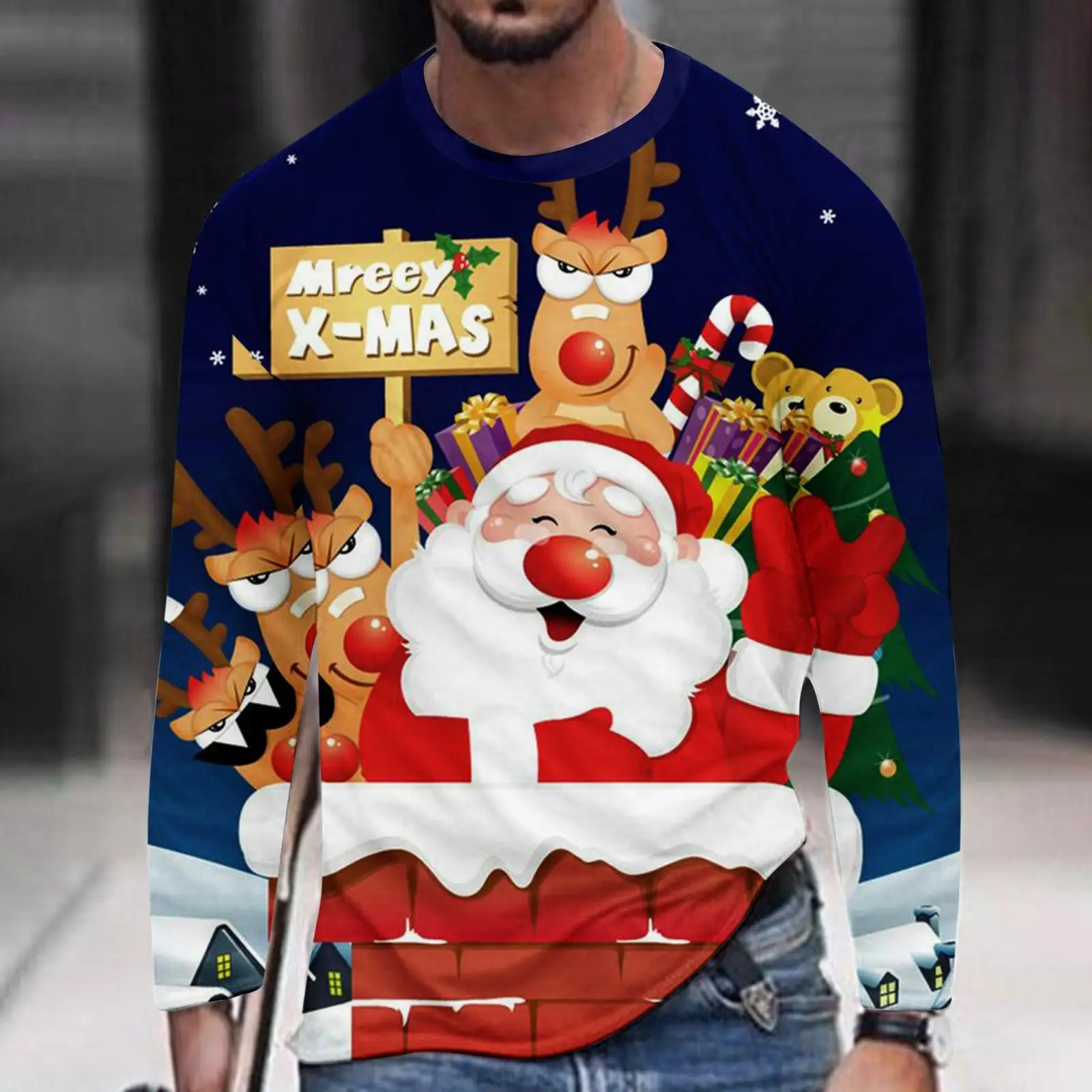 

Fashion Christmas Y2K tops Long sleeved Round Neck Santa Claus Graphic t shirts Trendy New Men's Aesthetic Clothing T-shirt