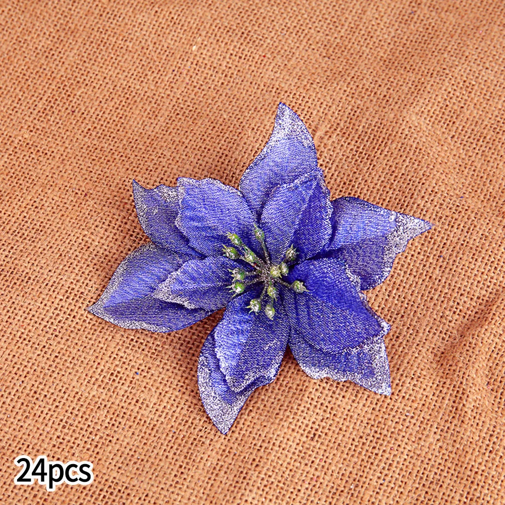 

24PCS Phnom Penh Flower Glitter Artificial Poinsettia Christmas Tree Ornament Home Decor Flower For Decorative Garlands