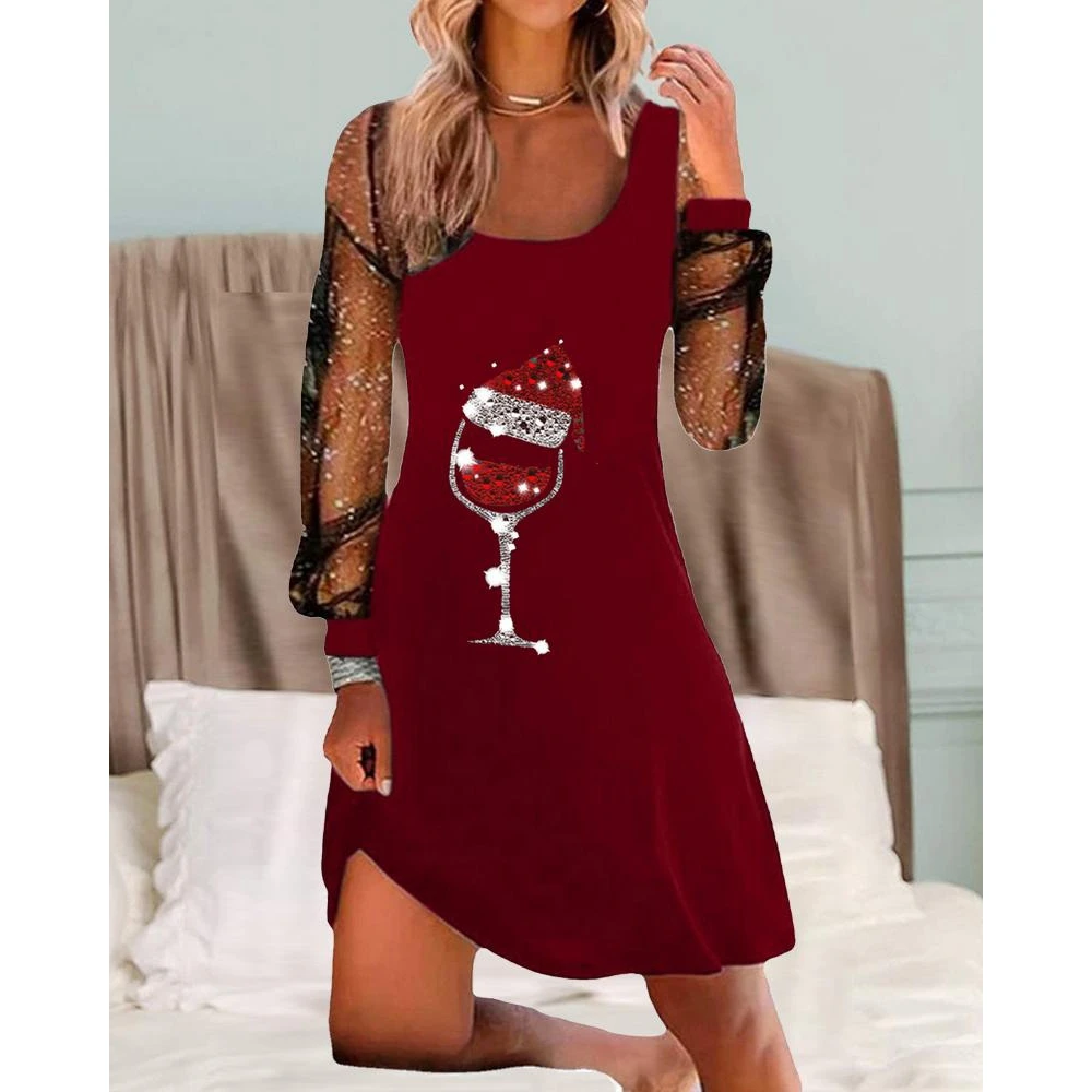 Купи Women Christmas Dress Mesh Stitching Long Sleeve Mini Dress Wine Glass Print Red Dresses For Woman Casual Elegant Black Dress за 755 рублей в магазине AliExpress