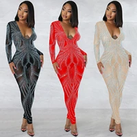 c5885 womens jumpsuit spring and autumn fashion sexy party evening dress long sleeved v neck mesh see through jumpsuit women