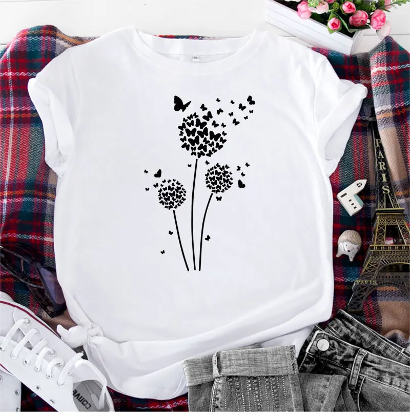 

Summer Shirts Women Butterfly Dandelion Printed T-Shirt Woman Tshirts 100%Cotton O Neck Short Sleeve Graphic Tees Tops