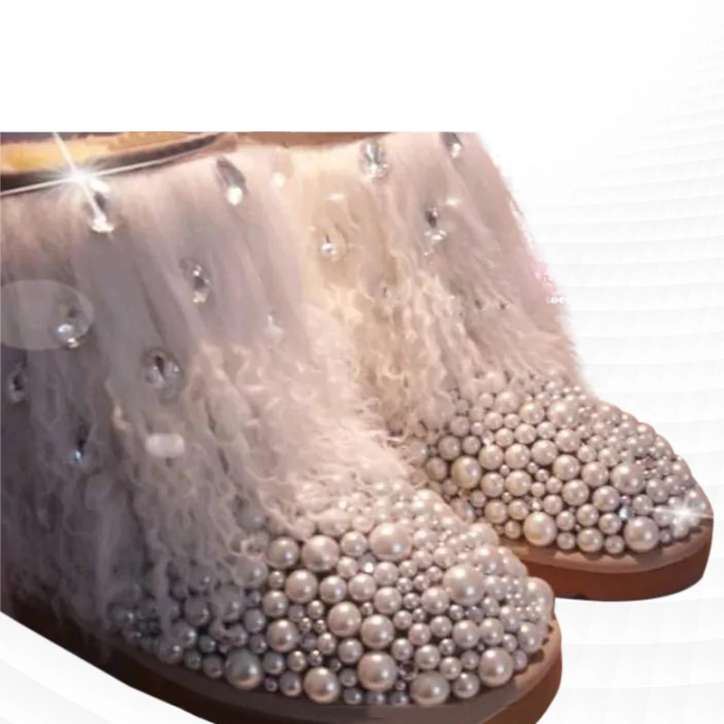 

Fur integrated beige tassel pearl stitching and leg boots comfortable and warm handmade tassel plus velvet thickening 35-44