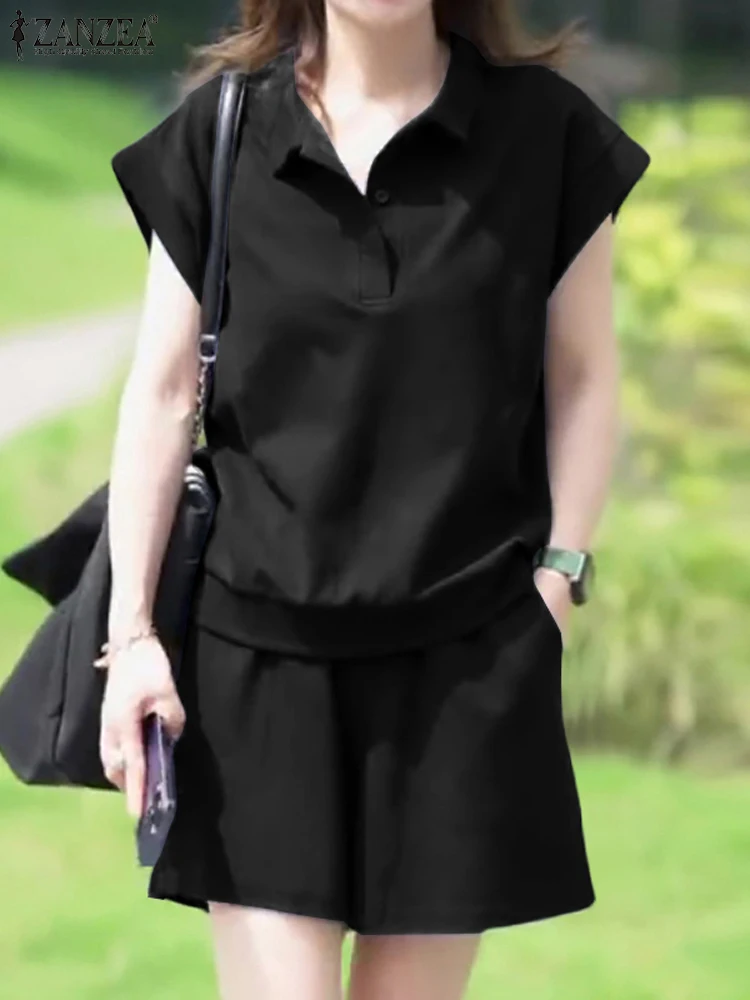 Модные спортивные костюмы 2 шт. блузка с отворотом и коротким рукавом Короткие