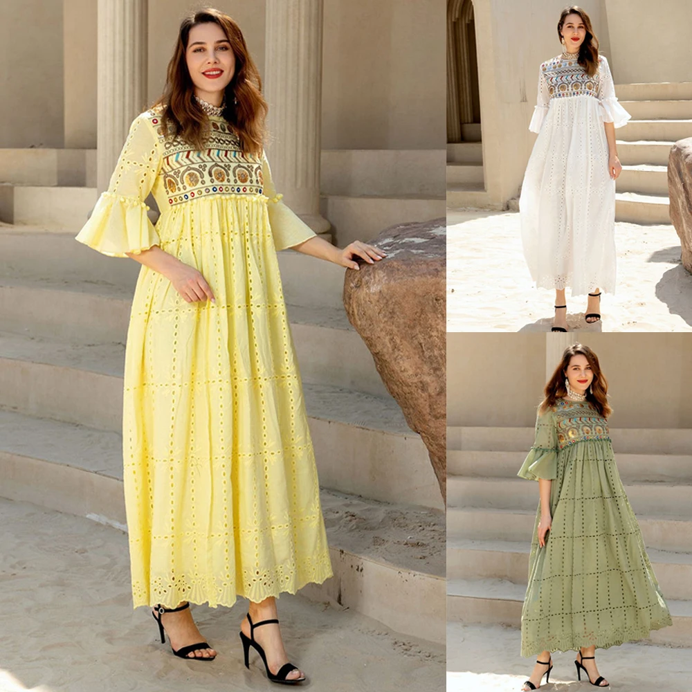 

Eid Ramadan Muslim Caftan Women Long Dress Bohemian Spring Summer Holiday Clothes Islamic Middle East Embroidery Abayas Arabic