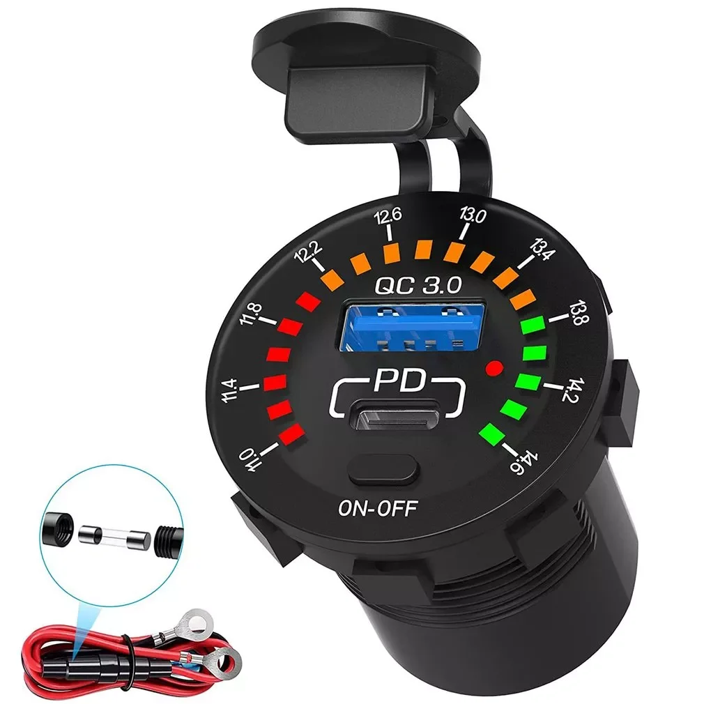

12V 24V QC 3.0 Dual USB Car Charger Waterproof 18W USB Outlet Fast Charge with LED Voltmeter ON OFF Switch Power Cable