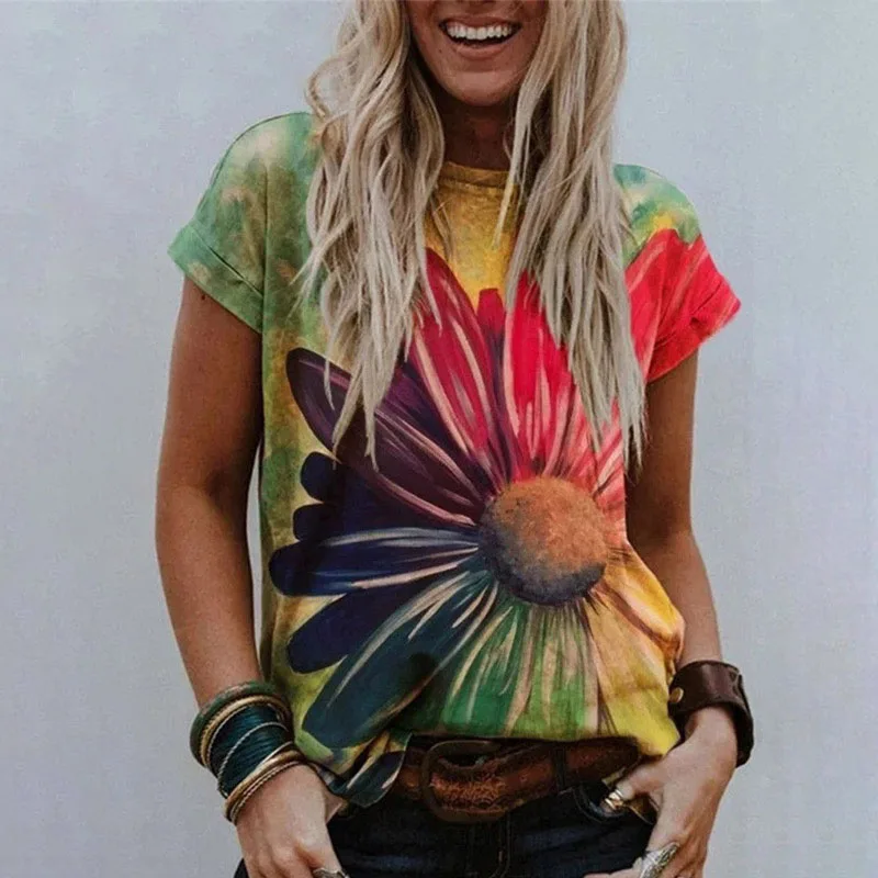 Футболка женская с цветочным 3D принтом модный топ в стиле бохо Повседневная
