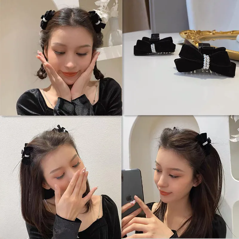 

Autumn Winter Velvet Black Trumpet Clip Princess Style Pearl Bangs Hair Clamps Claw Hair Clip for Women Hair Accessories