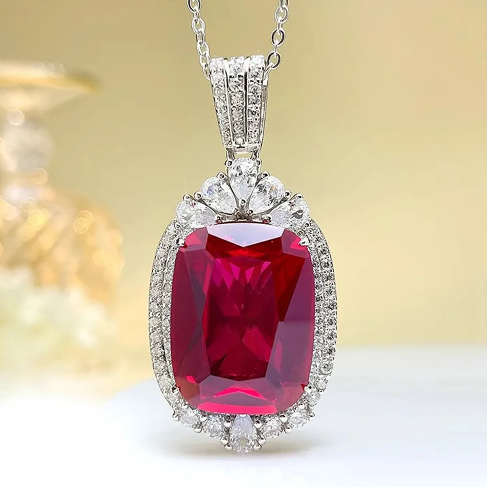 

Big 9 Carats Red Crystal Ruby Gemstones Diamonds Luxury Pendant Necklaces for Women Royal White Gold Filled Fine Jewelry Party