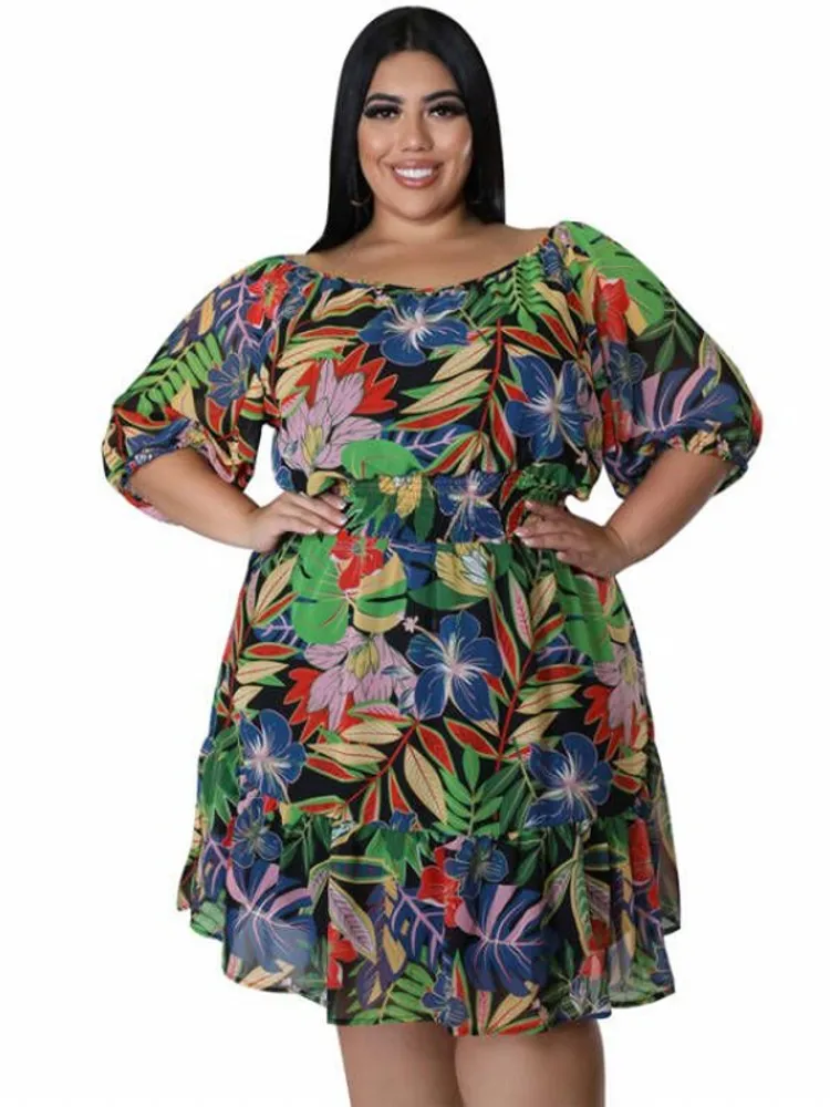 

4XL Plus Size Dresses Women Clothes Ruffle Splice Elastic Waist Corset Ropa Mujer Fashion Floral Half Sleeve Casual Dress 2022