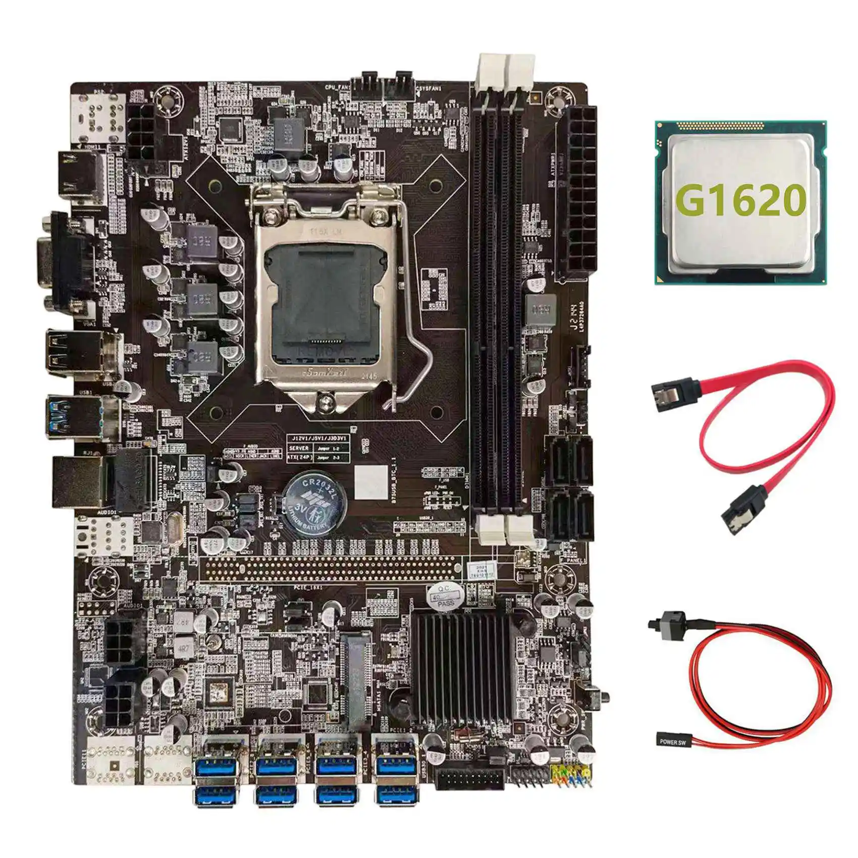 

B75 BTC Mining Motherboard+G1620 CPU+SATA Cable+Switch Cable LGA1155 8XPCIE USB Adapter B75 USB BTC Miner Motherboard