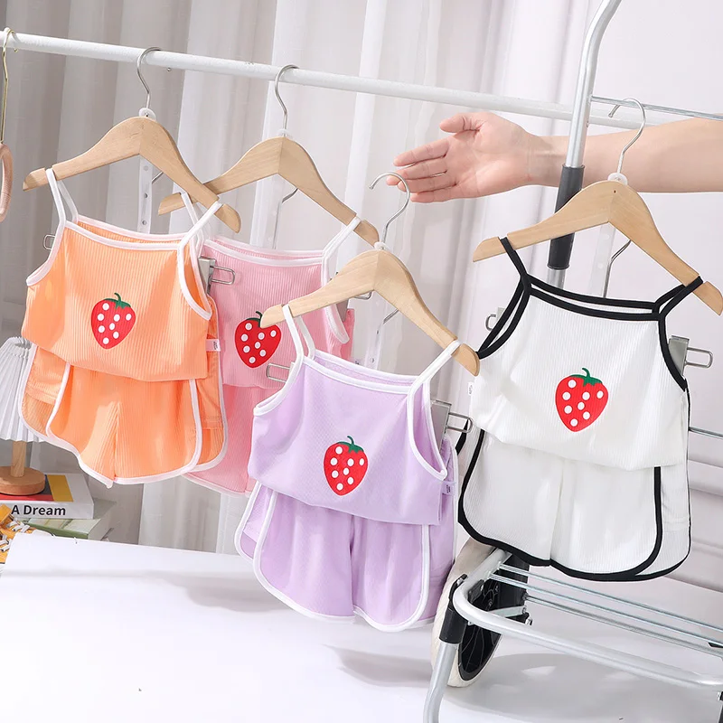 

2PCS/Set Kids Vest Set Summer Baby Girl Suspender Shorts Strawberry Print Infant Sleeveless Tops Pants Children Clothing Pajamas