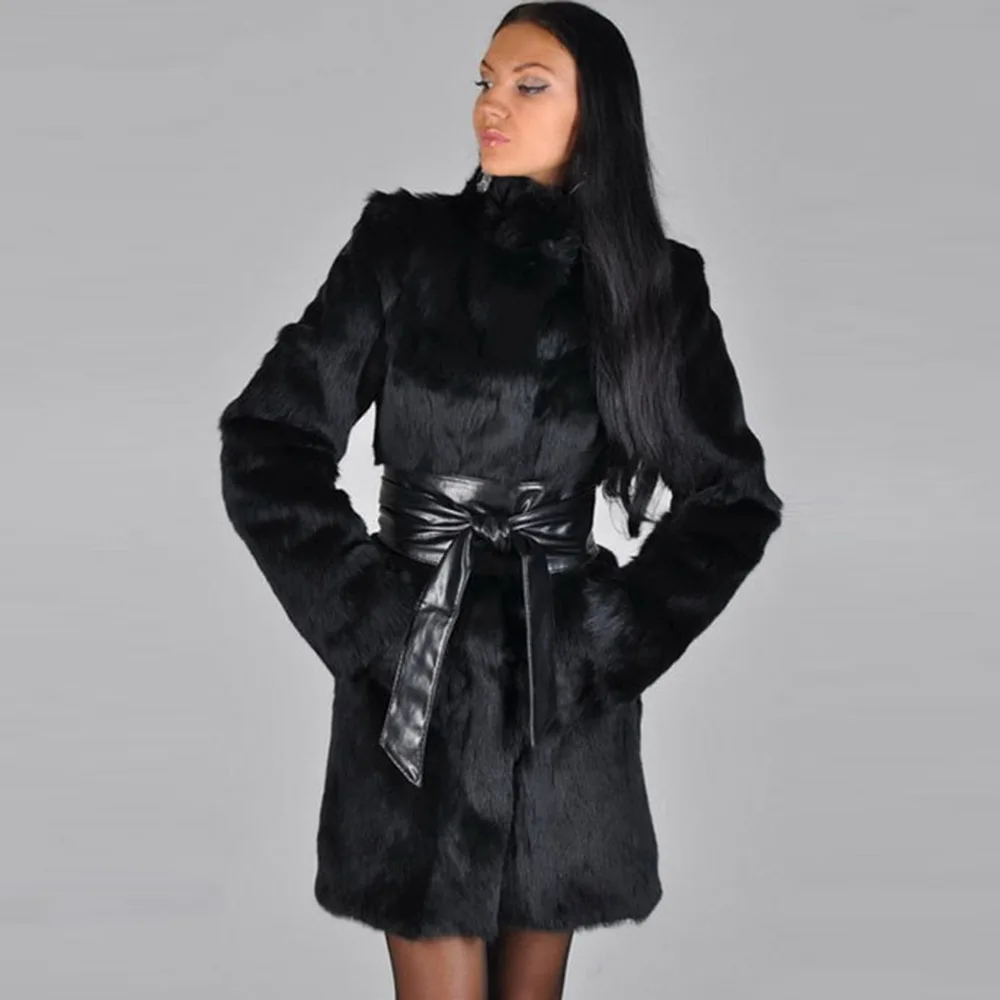Women's Leather Fur Coat Faux Rabbit Fur Coat Fur Mink Fur Mid-Length Coat Winter Women's Clothing Faux Fur Coat