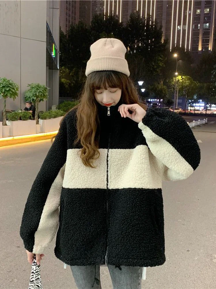 

Deeptown Korean Style Oversized Zip-up Sweatshirts Women Kpop Casual Warm Thick Lamb Fleece Hoodies School Tops 2022 Autumn