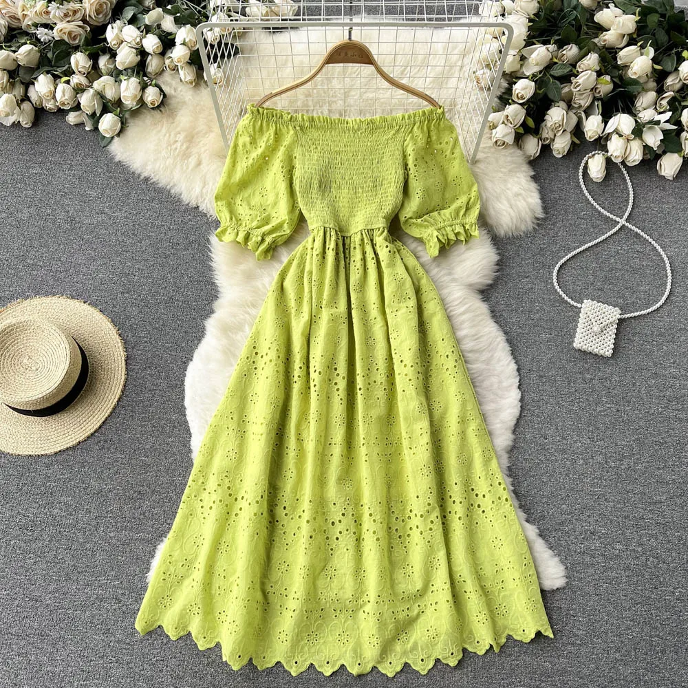 

New Bohemian Elegant Women Dress Sexy Sundress Short Sleeves Strapless Elastci Waist Lace Robe Femme Princess Beach Midi Vestido