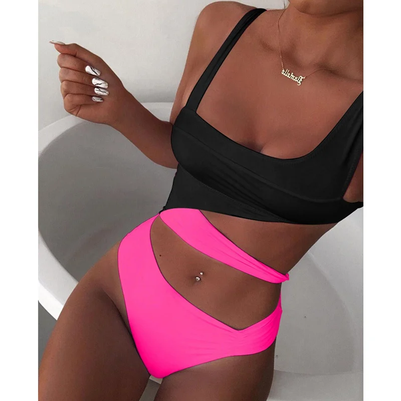

Colorblock Cutout One Piece Swimsuit Women Sexy Slim Fit Corset Swimwear Beachwear Beachsuit Bathing Suit Bodysuit