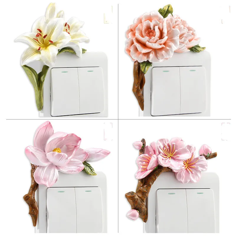 

1PC 3D Flower Plant Switch Wall Sticker Resin Socket Decorative Decal Home Protection Sleeve Bedroom Plug Decoration Accessories