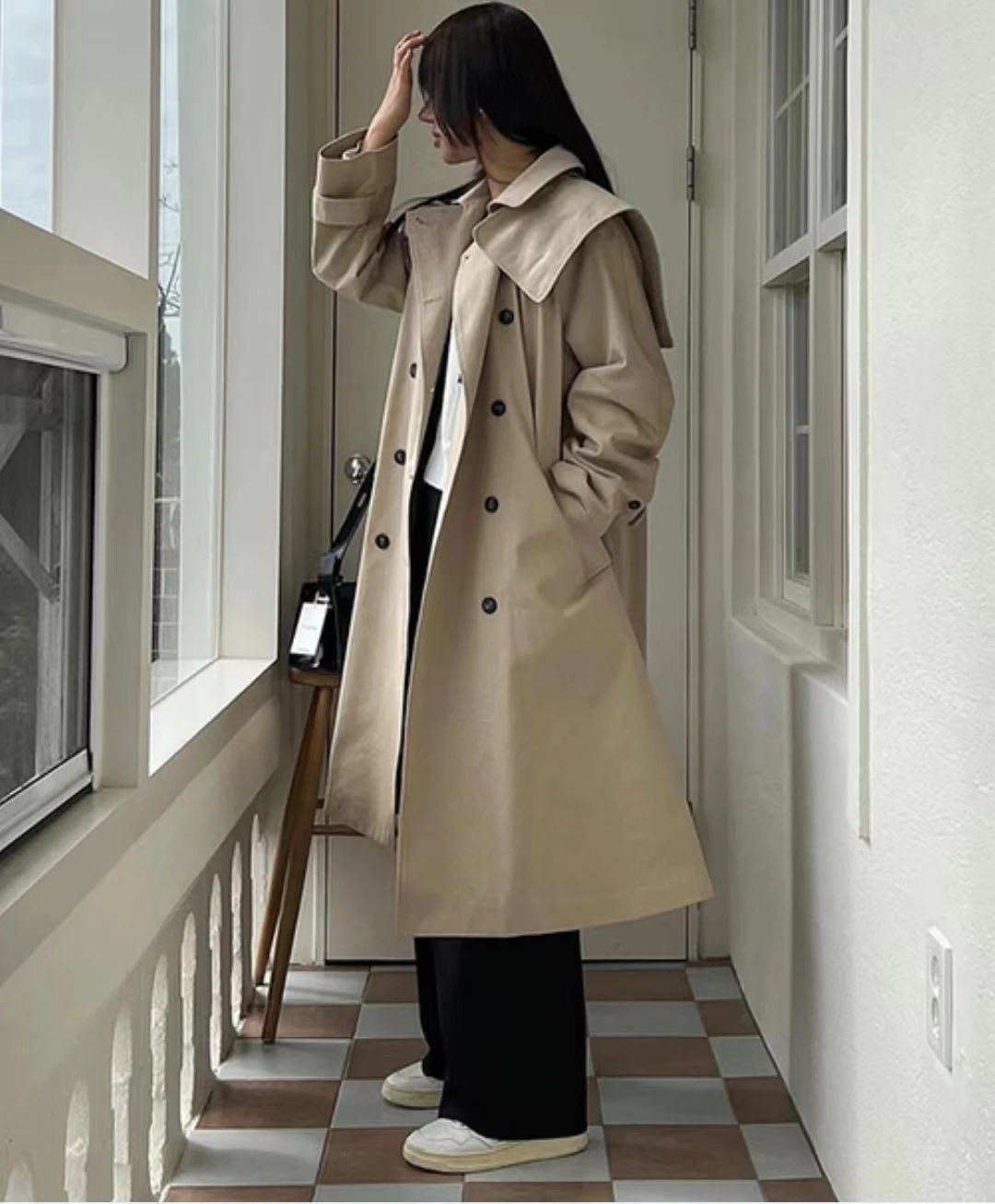 

SuperAen 2022 Long Windbreaker Double Breasted Khaki Long Sleeve Big Collar Korean Long Trench Coat for Women