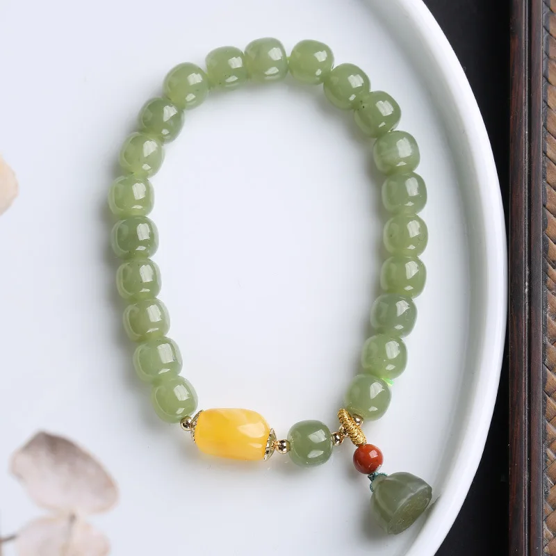 Natural Hetian Jade Bead Bracelet Premium Gem Amber Jewelry Lotus Pendant Buddhist Bracelets Yoga Charm Jewelry For Women Gift