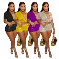 elastic two piece set casual glitter short sleeve shirt crop top shorts sets outifits acctivewear female sweatsuit tracksuit