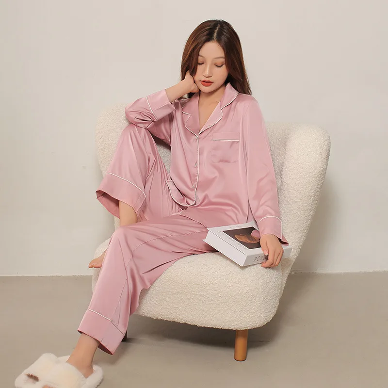 Silk Pyjamas for Women Long Sleeve Diamond Buttons Satin Pyjama Set Female Sleepwear Soft Thin Loungewear