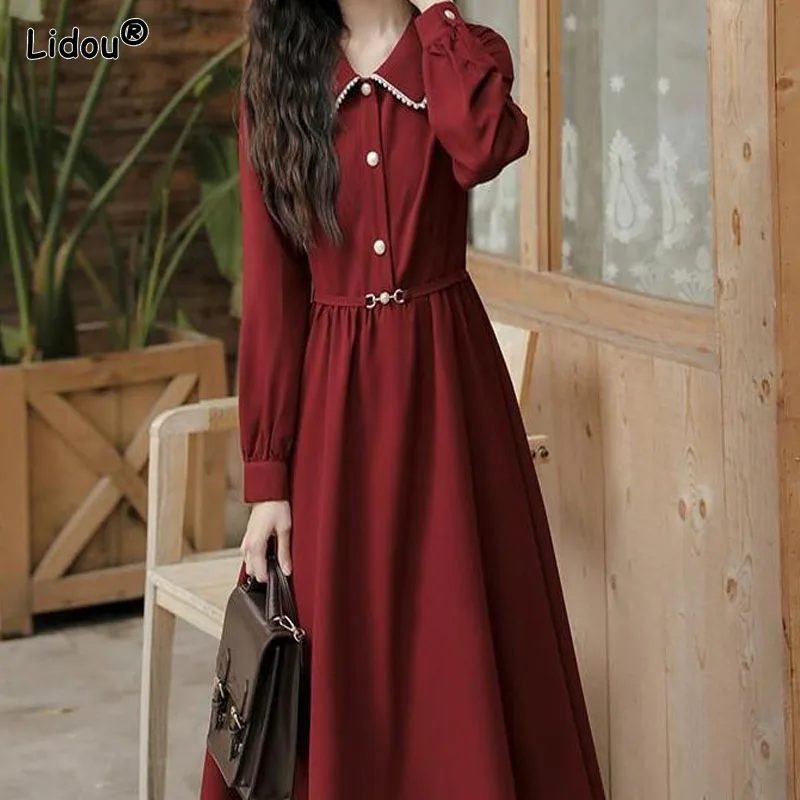 Купи Autumn Claret Peter Pan Collar French Mid-calf Dresses Embroidery Flares Mori Girl Style Belt Elastic Waist Ladies Clothing Slim за 1,446 рублей в магазине AliExpress