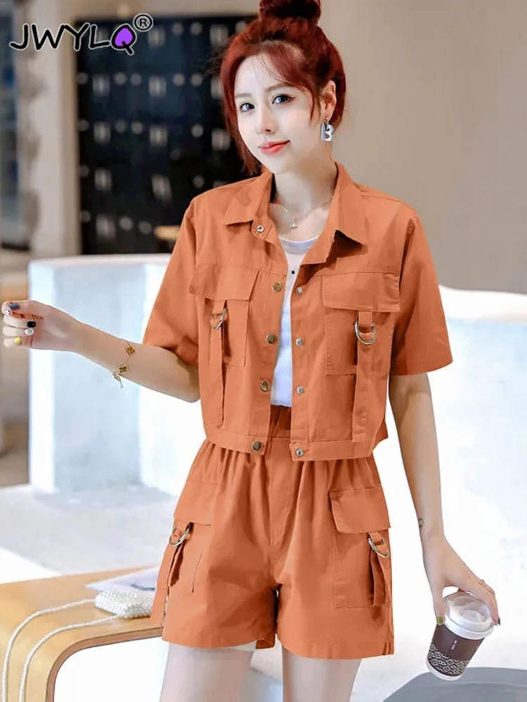 

Summer 2 Piece Tooling Set Women Korean Short Sleeve Single-breasted Shorts Tops+high Waist Elastic Waist Shorts Streetwear Sets