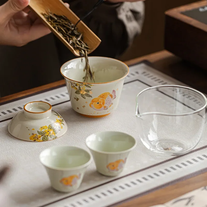 Фото Ручная работа, пейзажная живопись, чайный сервиз Jingui Fushou Lubao Kuaike, керамика, один чайник и две чашки, для отдыха на природе, портативный чайный набор для кунг-фу. №3