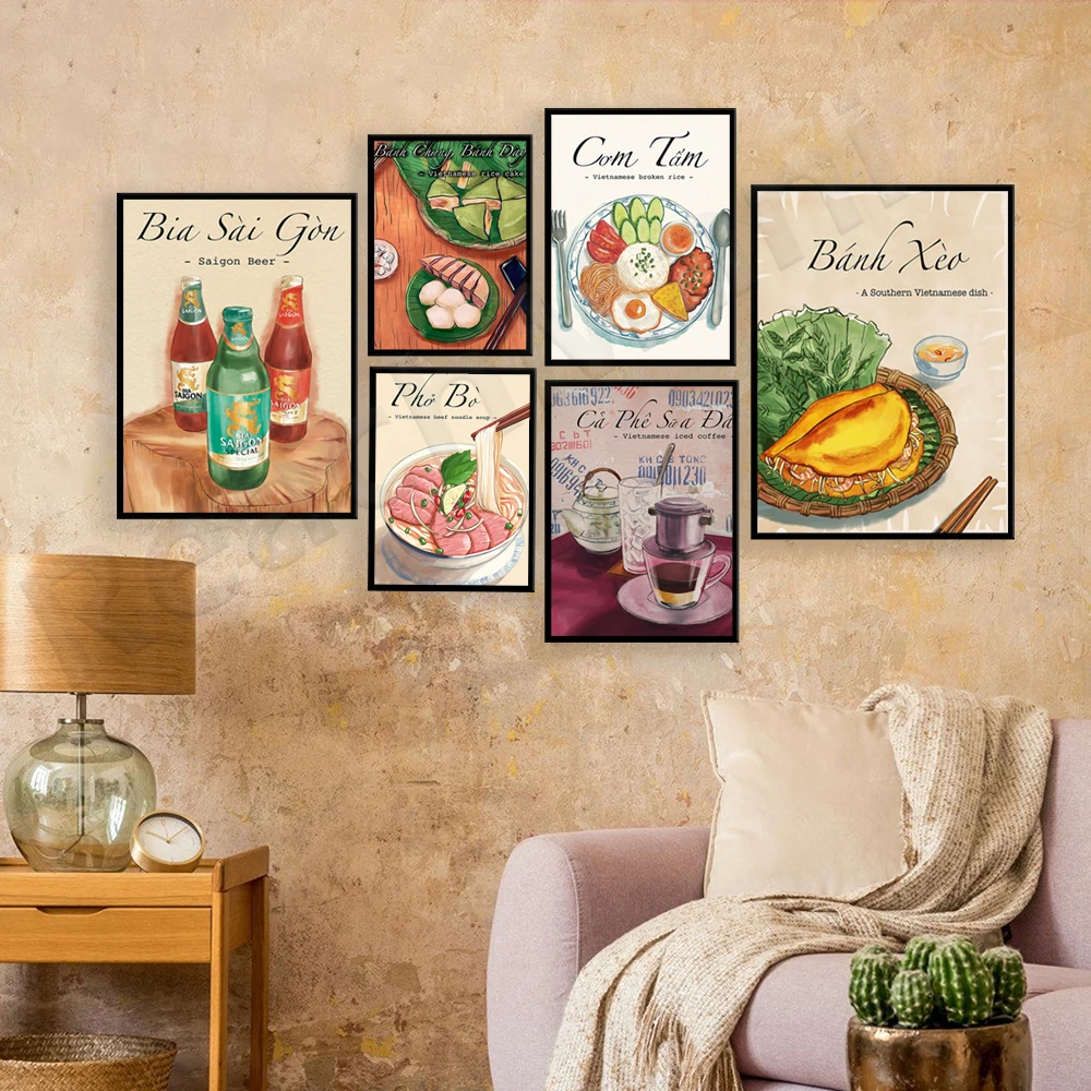 

Vietnamese food steamed rice rolls, sticky rice cakes, beef noodle soup, Saigon beer, pancakes, food poster for coffee lovers