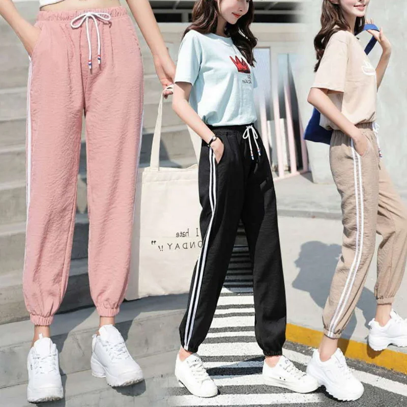Side Striped Joggers Sweatpants Women Thin Guard Pants Casual Harlan Pants Versatile Straight Pants Trendy Ankle-Length Trousers