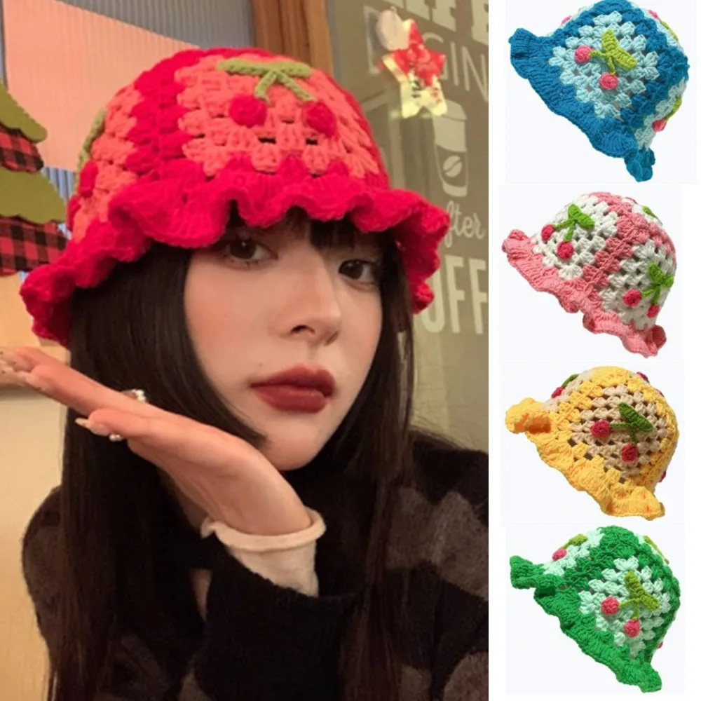 

Новинка 2022, вязаная шапка рыбака в виде вишни с отверстиями для женщин и девушек, Милая Красная Вязаная крючком Панама ручной работы, зимняя ...