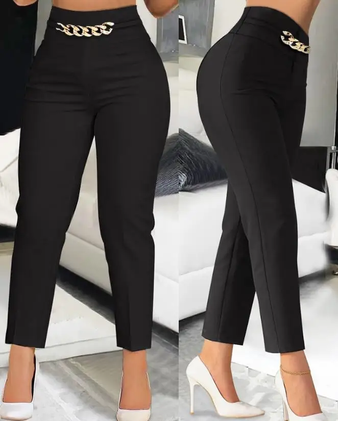 

Women's Pants 2023 Summer New Casual Fashion Chain Decoration Houndstock Print High Waist Work Pants Basic Versatile