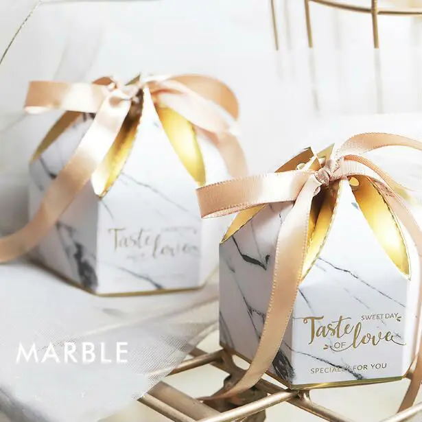 

50Pcs Creative Marble Style Bud Series Hexagonal Wedding Favors Candy Boxes Party Chocolate Gift Box Giveaways Boxes