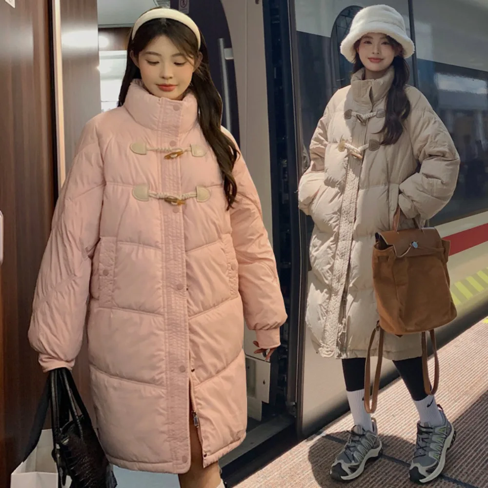 

VE Stand Collar Winter Jackets for Women Coat 2023 Winter Horn Buckle Thick Warm Sweet Solid Jacket Fashion Zippers Pockets Coat