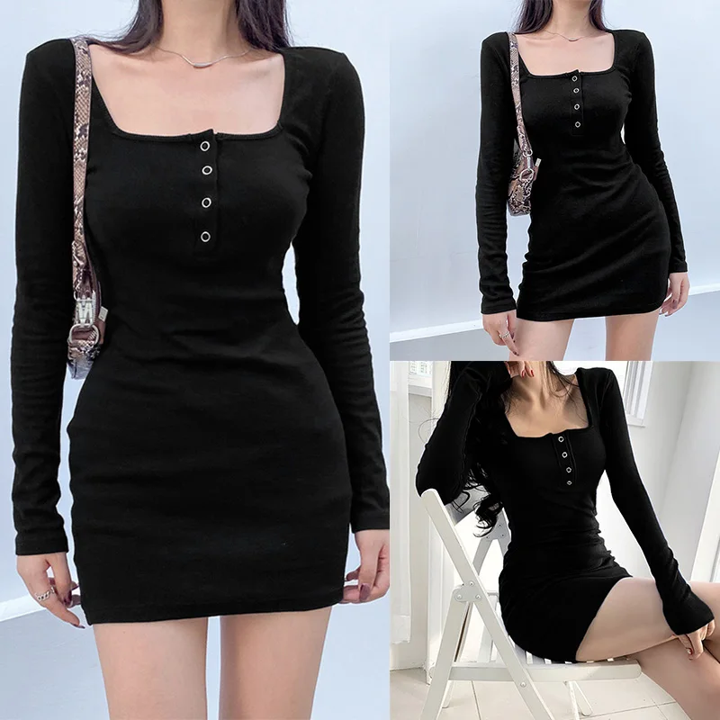 

ASDS-Women's Fashion Temperament Buttoned Cardigan Square Neck Slim Long Sleeve Dress Black