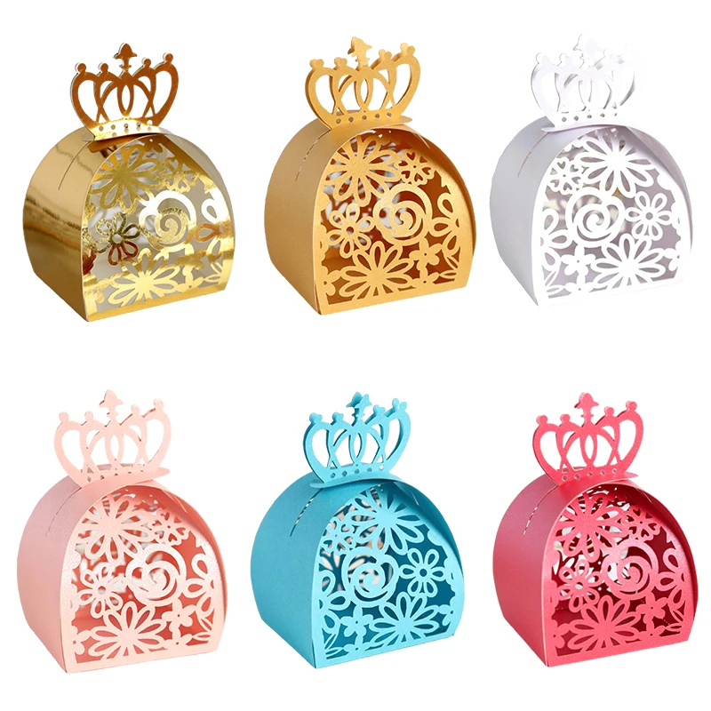 

50Pcs Laser Cut Crown Candy Boxes Rose Flower Wedding Favor Gift Boxes Sweet Packaging Bag Baby Shower Birthday Party Decoration