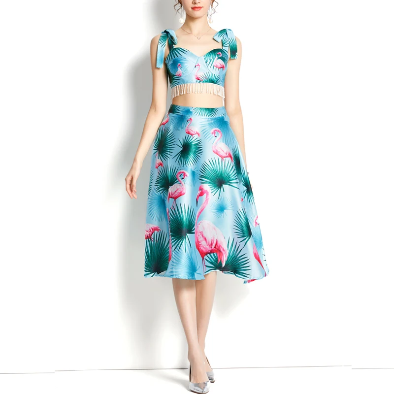 

Women Sexy Slim Two Piece Set Off Shoulder Tassel Camisous Floral Print Crop Tops And Mid Skirt Suit Lady Elegant 2 Piece Set