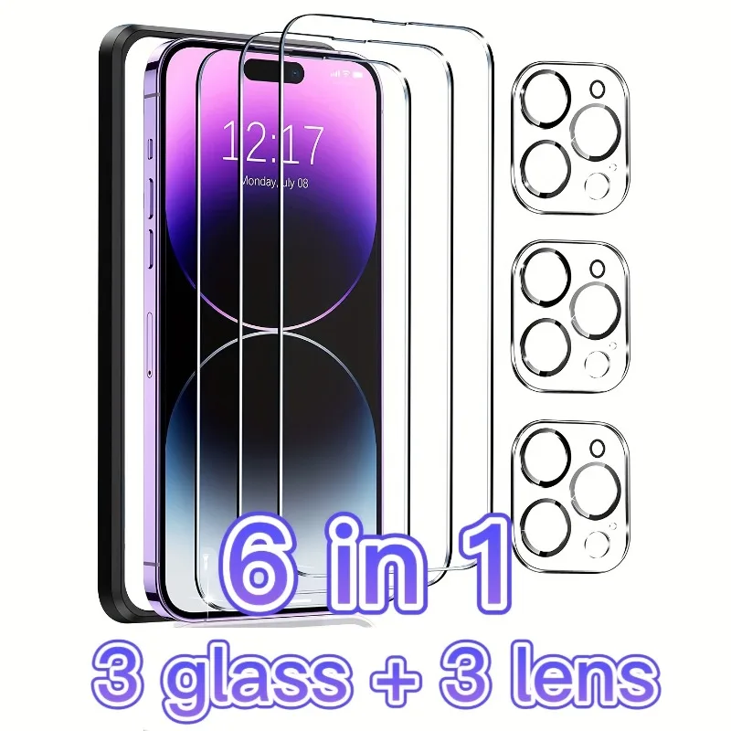 

6Pcs 3D Glass with Lens Glass Full Screen Phone Tempered Glass Protective Film Lens for iPhone 11 Pro 12 13 Mini 14 15Plus Glass