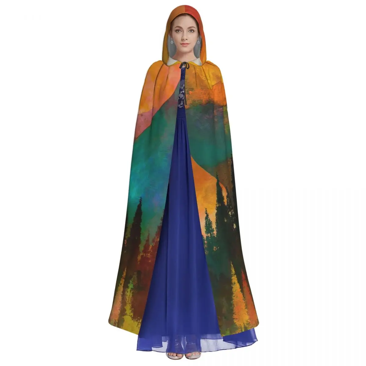 Длинная накидка плащ С закатом и рисунком лесного дерева с капюшоном пальто