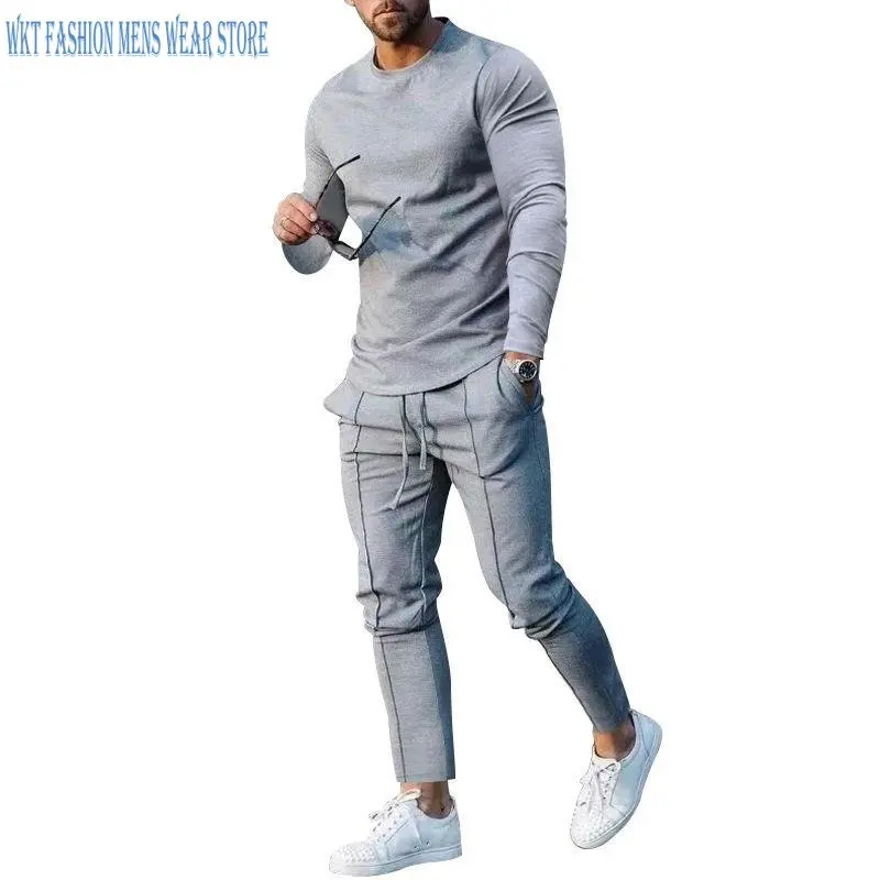 Men's Suits 2022 Spring and Autumn Daily Solid Two-Piece Round Neck Long Sleeve T-shirt Trousers Casual Men Clothing Polyester