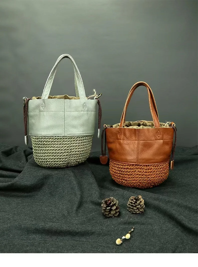 Genuine Leather Handmade Wax Rope Woven Women's Bag First Layer Cowhide Single Shoulder Messenger Small Bag Portable Bucket Bag images - 6