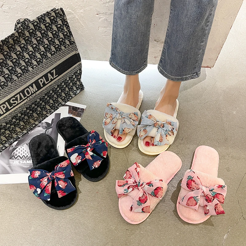 Fairy Bow Cotton Slippers Women 2021 New Spring and Autumn Outer Wear One-on-one Fashion Plush Slippers Women's Shoes