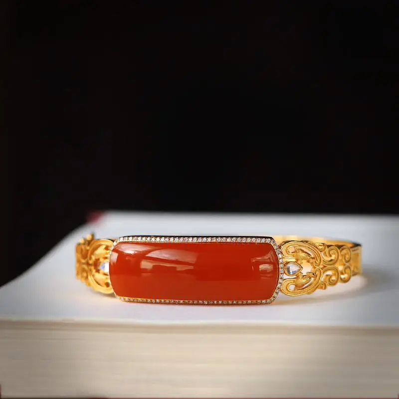 

Super Fairy Bracelet Natural Redstone Saddle Plain Inlaid S925 Sterling Silver Ancient Hollow Silk Opening Bracelet Women's