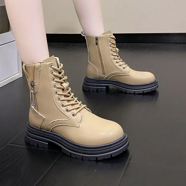 2023 Martin Boots Fashion Lacing Side Zipper Boots Woman Casual Autumn Winter Keep Warm Female Ankle Boots Thick Bottom Boots