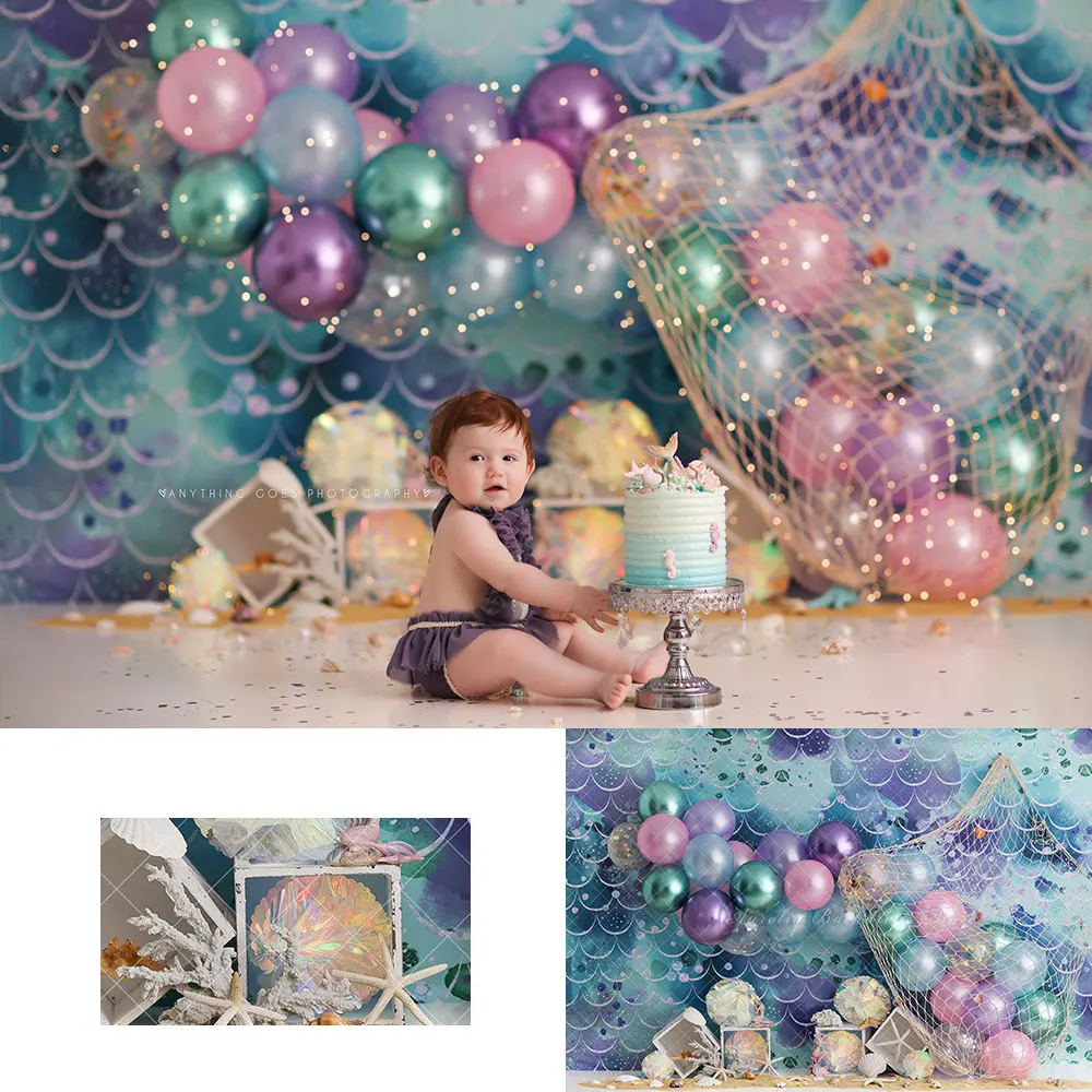 Фон для фотосъемки с подводной русалкой воздушные шары рыболовная сеть детский