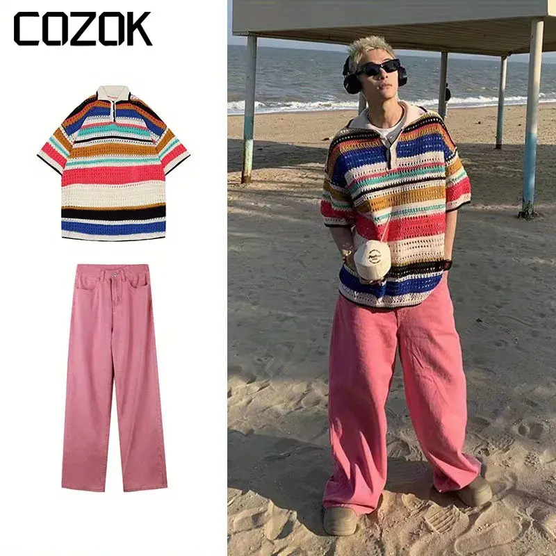 

American Vintage Spring Set Men Women Colorful Striped Hollow Out Knit Shirt +Pink Jeans Summer Loose Korean 2 Pieces Sets 2023