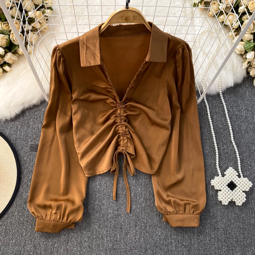 

French Vintage Style Design Sense V-neck Waist Strap Drawstring Acetic Acid Satin Pullover Shirt Top