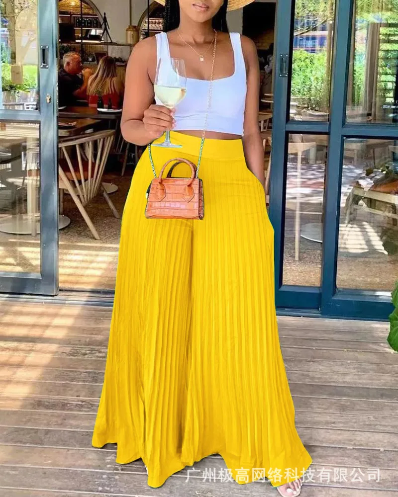 Pleated High Waist Wide Leg Pants Women Spring Summer Solid Color Loose Full Length Pants Trousers