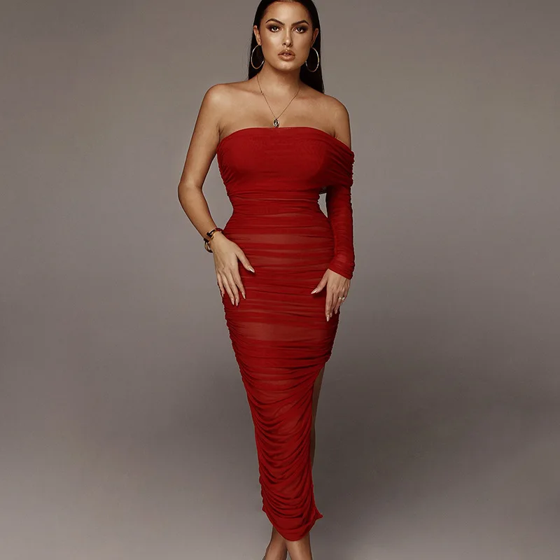 

The Autumn Red Color Women Sexy One shoulder Strapless Split Long Dress Celebrate Party Dress Beach Holiday Dress