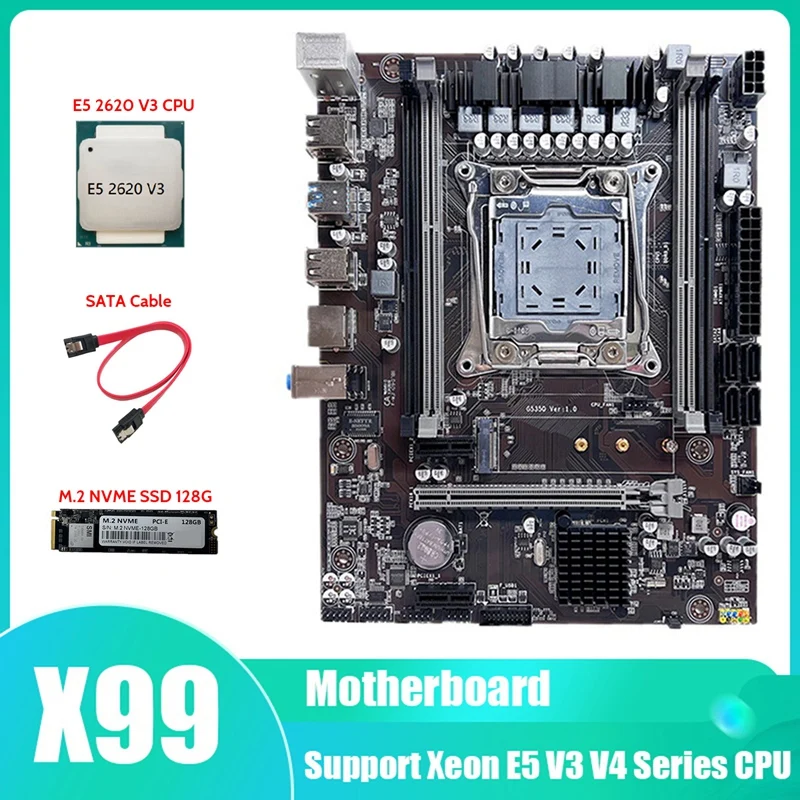 X99 Motherboard LGA2011-3 Computer Motherboard Support DDR4 RAM Memory With E5 2620 V3 CPU+SATA Cable+M.2 SSD 128G
