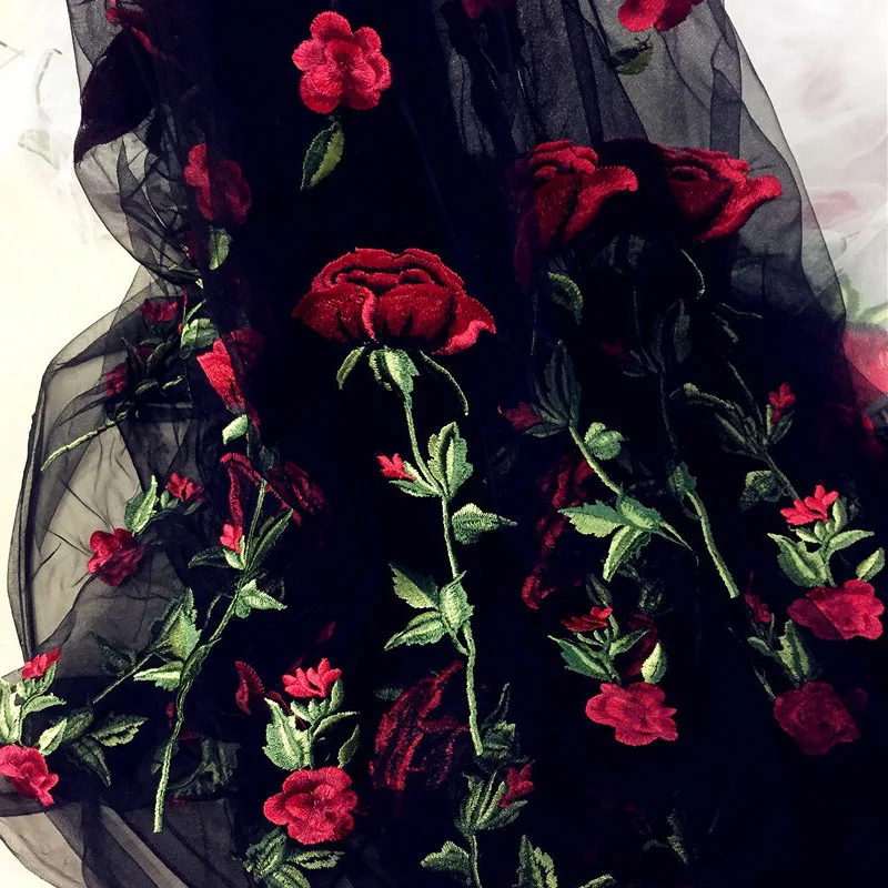 Юбка платье модная ткань хорошо выглядит черная сетка вышивка розы кружевная